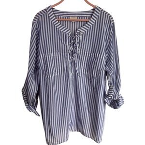 Talbots Striped 100% Cotton Lace Up Roll Tab Sleeve Tunic Top Blouse sz 3x Light